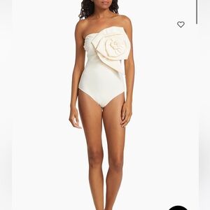 Chiara Boni Cream Strapless One-Piece Swimsuit with Floral Applique
